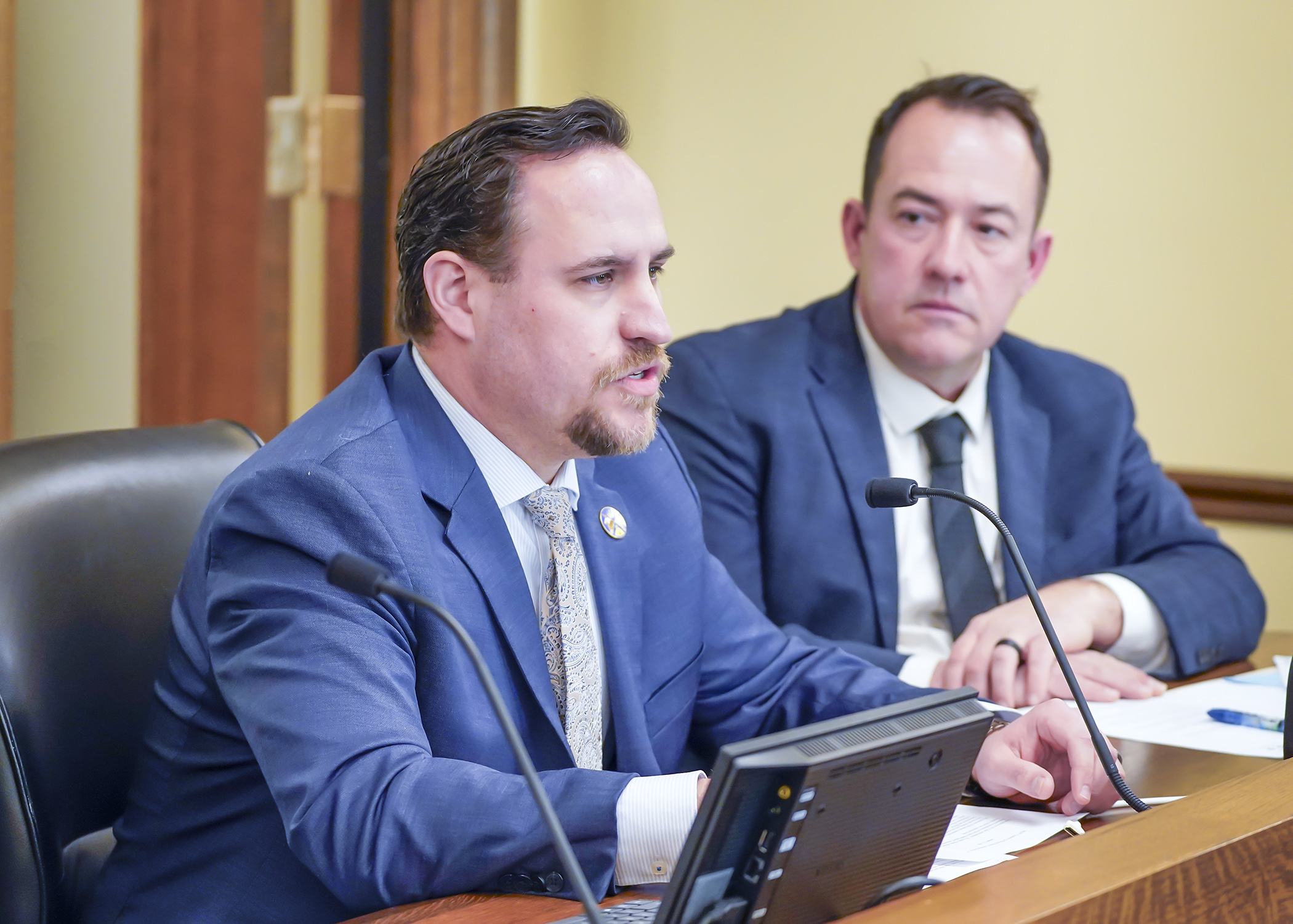 Blake Johnson, government relations specialist at the Prairie Island Indian Community, testifies before the House energy committee during a discussion of a renewable energy policy bill sponsored by Rep. Chris Swedzinski. (Photo by Andrew VonBank)